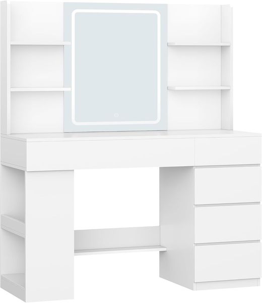 108cm Schminktisch, Schminktisch mit Große HD-Spiegel Und LED-Beleuchtung, 5 Schubladen Und 6 Offenen Fächern, Seitlichen Ablagefächern Für Das Schlafzimmer, Modern, Weiß Bild 2