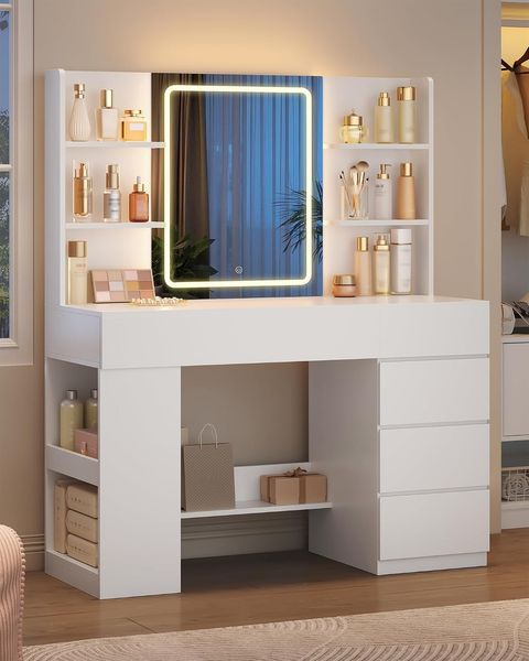 108cm Schminktisch, Schminktisch mit Große HD-Spiegel Und LED-Beleuchtung, 5 Schubladen Und 6 Offenen Fächern, Seitlichen Ablagefächern Für Das Schlafzimmer, Modern, Weiß