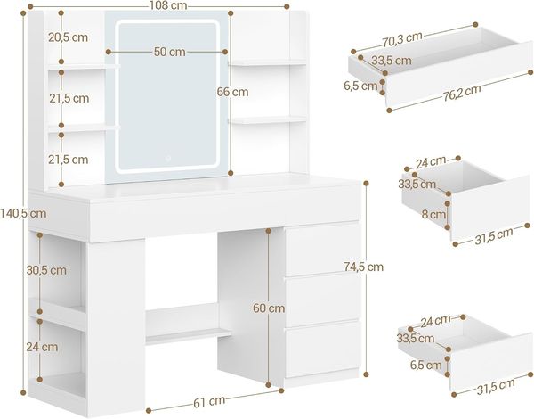 108cm Schminktisch, Schminktisch mit Große HD-Spiegel Und LED-Beleuchtung, 5 Schubladen Und 6 Offenen Fächern, Seitlichen Ablagefächern Für Das Schlafzimmer, Modern, Weiß Bild 9