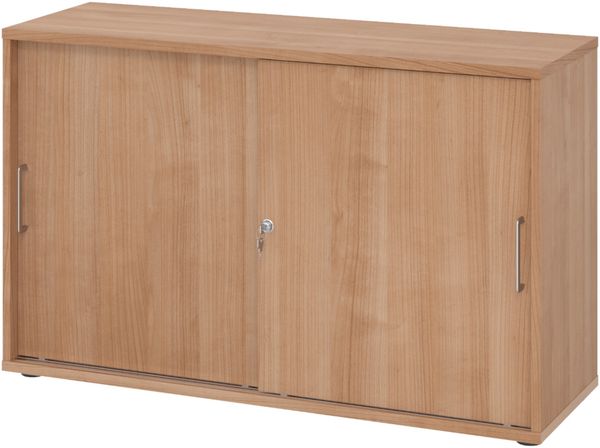 bümö Schiebetürenschrank 2OH - Aktenschrank abschließbar, Sideboard Schrank mit Schiebetüren in Nussbaum, Bügelgriff - Büroschrank aus Holz mit Schiebetür, Büro Kommode für Ordner & Co, 1752S-N-N-BS