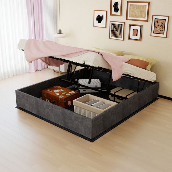 Modern Simple Style Bed Frame, 160*200 cm, Grey, Dutch Velvet Fabric, with Gas Lift, Modern Bedroom Furniture, Excluding Headboard and Mattress.