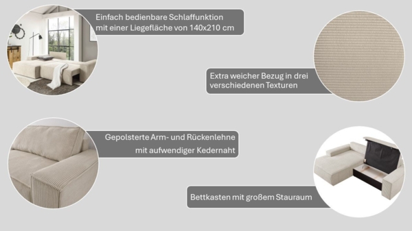 Home affaire Ecksofa SHERWOOD Schlafsofa 267 cm, L-Form, Schlaffunktion mit Bettkasten (210x136 cm), Cord, Vintage, Samtvelours Bild 3