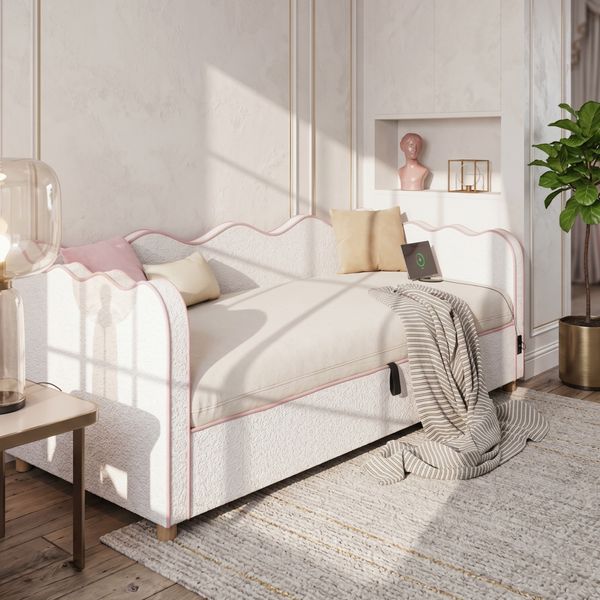 Daybett 90x200 cm mit hydraulischem Stauraum, Polsterbett, Tagesbett, Schlafsofa mit USB & Rückenlehne, bouclé, beige