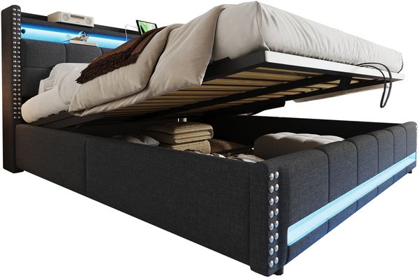 Polsterbett 180*200cm mit LED-Beleuchtung und USB-Steckdose, Kopfteil mit Einlegeböden und Stauraum, Mit Hydraulik für die Lagerung, Erwachsenenbett Doppelt, Leinenstoff Grau Bild 6