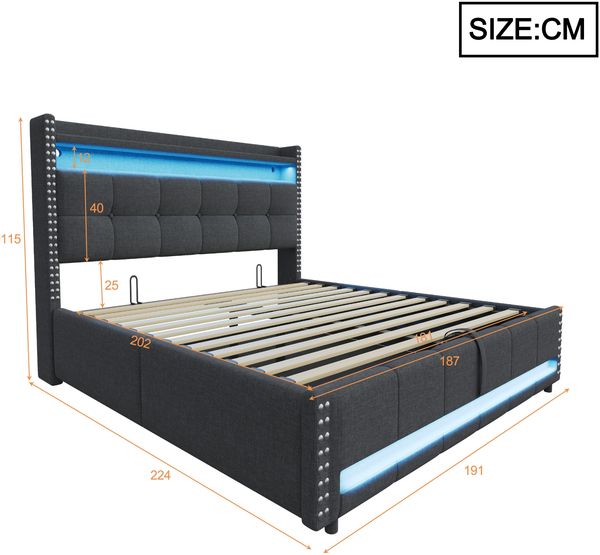 Polsterbett 180*200cm mit LED-Beleuchtung und USB-Steckdose, Kopfteil mit Einlegeböden und Stauraum, Mit Hydraulik für die Lagerung, Erwachsenenbett Doppelt, Leinenstoff Grau Bild 8
