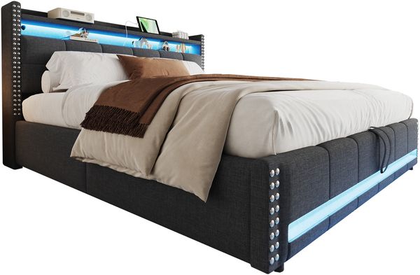 Polsterbett 180*200cm mit LED-Beleuchtung und USB-Steckdose, Kopfteil mit Einlegeböden und Stauraum, Mit Hydraulik für die Lagerung, Erwachsenenbett Doppelt, Leinenstoff Grau Bild 7
