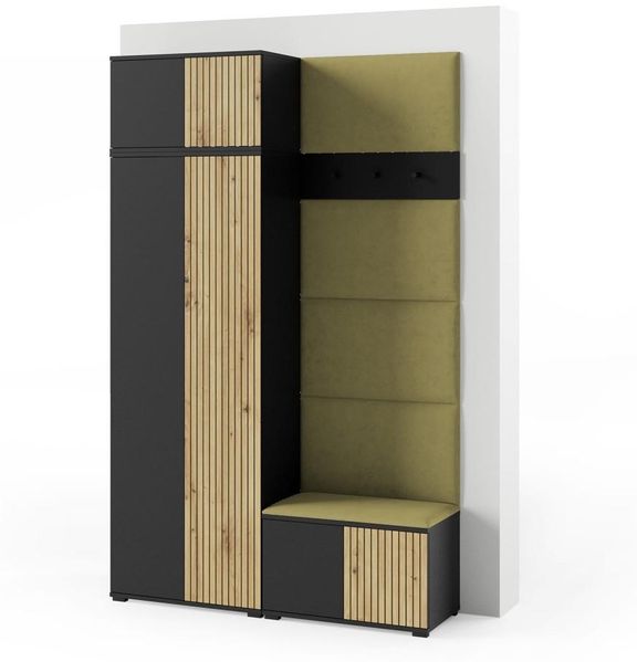 Garderoben-Set Rosario Version 2 mit Lamellen, Kleiderschrank mit Polsterplatten und Schuhschrank (Schwarz / Eiche Artisan, Trinity 27), 225 x 40 x 140 cm