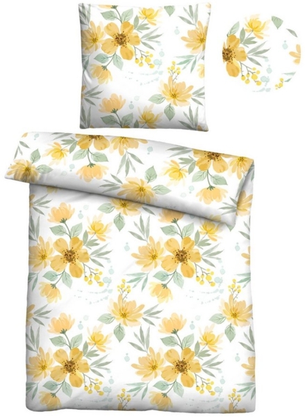 Traumhaft schlafen - Castell - Markenbettwäsche Baumwoll Seersucker Bettwäsche 0020371 BLÜTENZAUBER, gelb, 1x 135x200 cm + 1x 80x80 cm