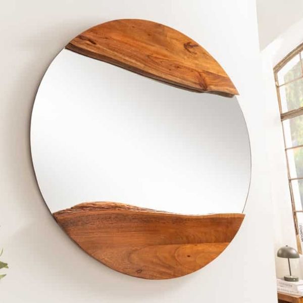 Massivholz Spiegel ROTTERDAM rund 105cm braun Akazie Wandspiegel Frisierspiegel