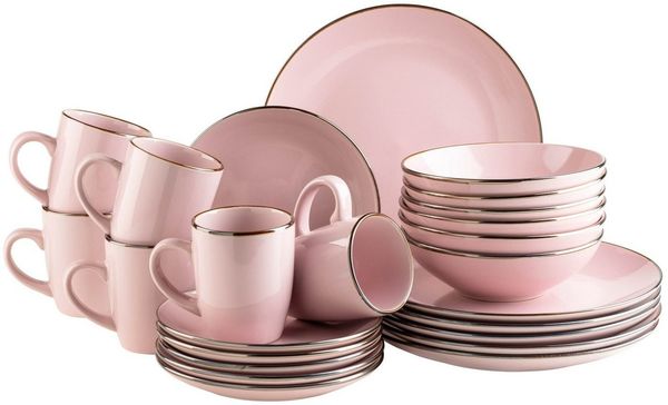 Modernes Geschirr Set für 6 Personen mit messingfarbenem Rand, 24-teiliges Kombiservice mit randlosen Coupe-Formen; Rosa