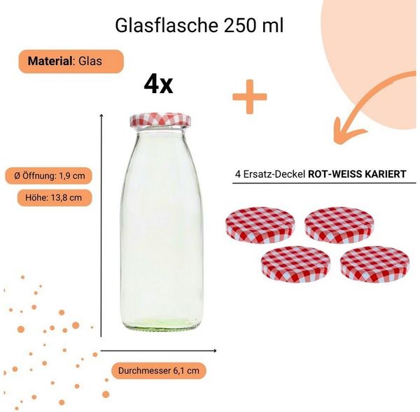 mikken Trinkflasche 4x Milchflasche 250 ml mit Schraubdeckel plus 4 Ersatzdeckel, Inhalt 250 ml, große Öffnung