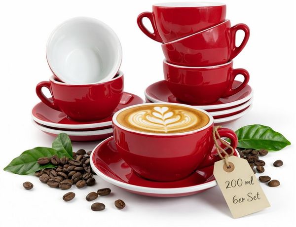 MUVELL Cappuccinotasse 6er Cappuccino-Set "ROM" inkl. Tasse 200ml + Untertasse, rot, 6-tlg, Keramik, 200 ml rot mit weißen Rand und Innenfläche