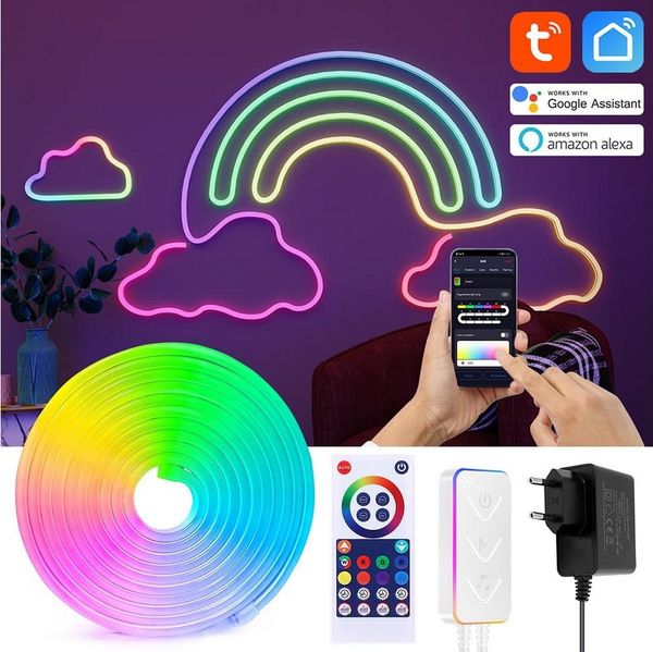LMaxhome LED Stripe 5M Neon Streifen RGBIC Lichtband Smart Streifen Flexibler APP Steuerun, 300-flammig, 24W, Wifi, DIY, Wasserdicht, Dimmbar mit Alexa und Google