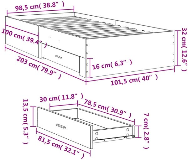 vidaXL Bettgestell mit Schubladen Räuchereiche 100x200cm Holzwerkstoff 3280423 Bild 10