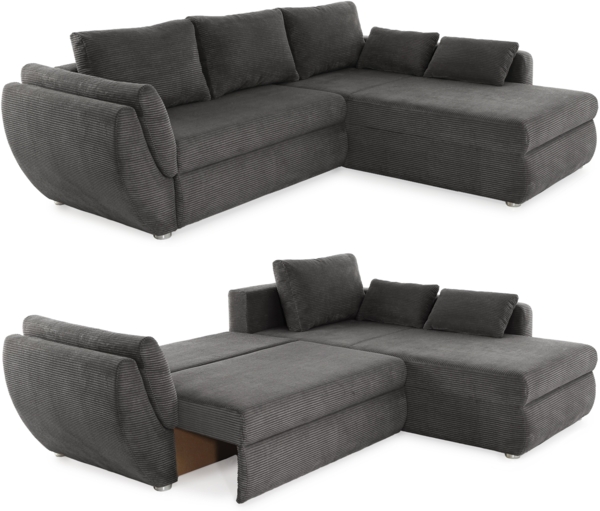 Ecksofa Schlaffunktion Couch mit Rutschenlehne Bettkasten Cord Grau Anthrazit