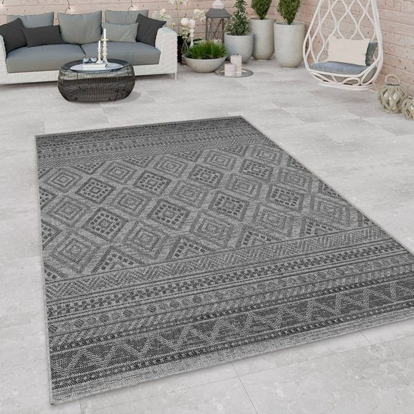 Paco Home In-& Outdoor Teppich Balkon Terrasse Küchenteppich Modernes Boho Ethno Muster, Grösse:160x220 cm, Farbe:Anthrazit