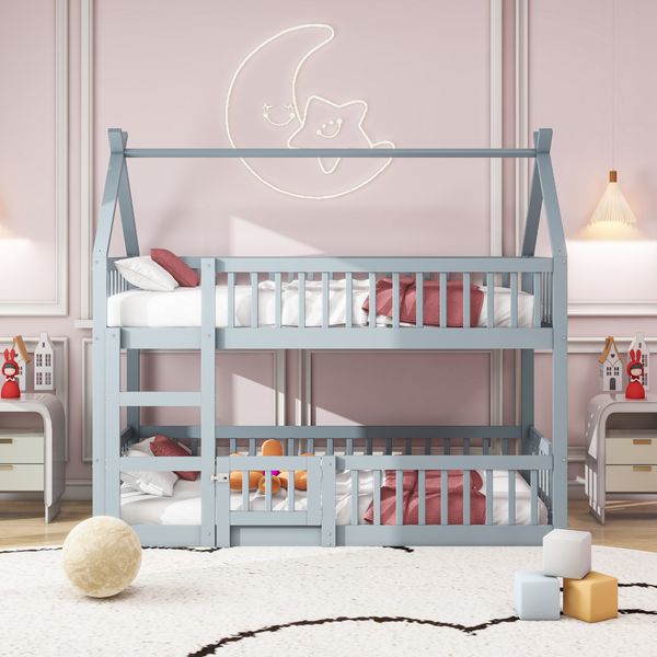 Hochbett Mit Spielebene Grau 90x200 Holz Metall Sicherheitsgeländer Treppe 120kg Tragkraft Kinderzimmer Spielbett Schlafbereich Multifunktional