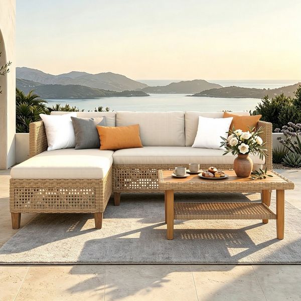 PHI VILLA Gartenlounge-Set, (1 Zweisitzer-Sofa, 1 Chaiselongue und 1 Kleiner Couchtisch, PE Rattan Lounge Möbel Outdoor), 4 Personen Terassenmöbel Außen Gartensofa, Beige und Dunkelblau