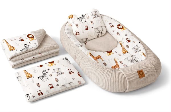 Babynest Nestchen Baby Set für Neugeborene – 5-teilig – Kuschelnest aus 100% Baumwolle & Waffelpique – Babykokon tragbar – für Babybett, Kinderbett & Kinderwagen – OEKO-TEX - ZOO und Sand