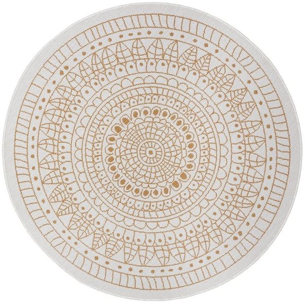Northrugs Porto In- und Outdoor Teppich Rund – Runder Wendeteppich Wasserfest Mandala Design Flachgewebe Teppich Wetterfest für Balkon, Terrasse, Garten, Wohnzimmer in Ocker, ⌀140cm