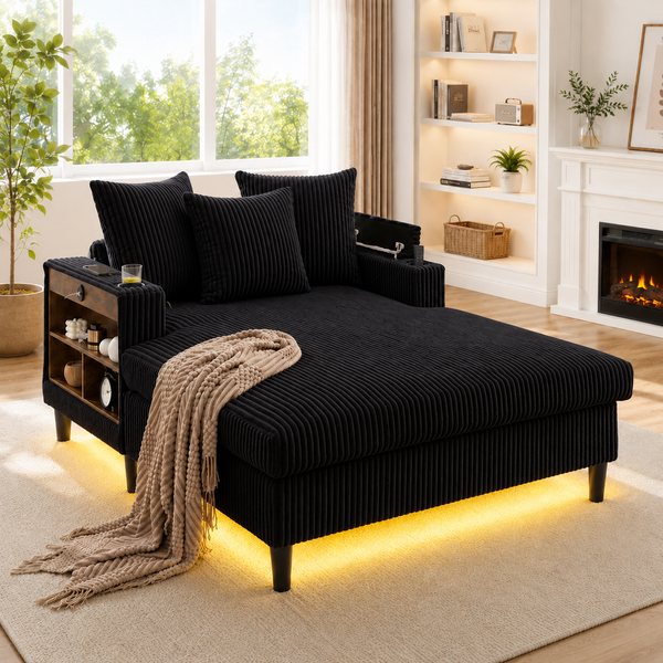 Cord-Lounge Chaiselongue, LED, USB, Getränkehalter, Stauraum, Schwarz