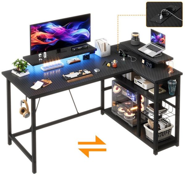 HOMALL Gamingtisch L-förmiger Computertisch mit Steckdosen, USB-Anschlüssen und Stauraum (120/140 × 50 × 75/80 cm großer Gaming-Tisch mit zwei Ablageflächen, einer abnehmbaren Trennwand zum Selberbauen und Kopfhörer-/Becherhaltern)