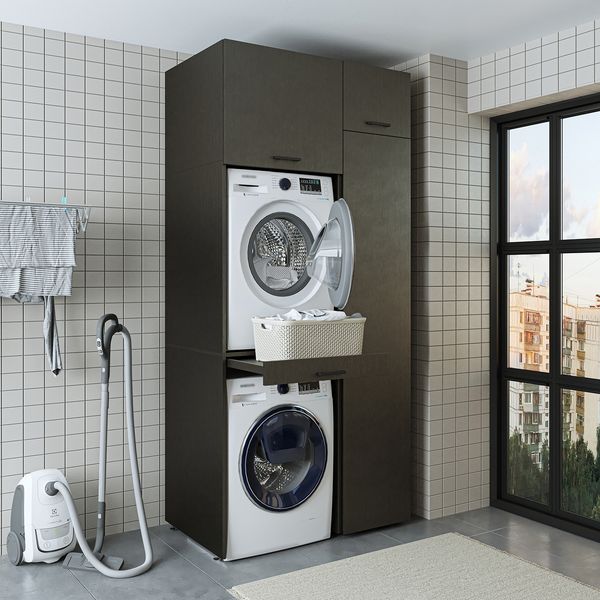 Roomart Waschmaschinenschrank - SERIE DUO-I- 112 cm breit – Waschmaschinenüberbau für Trockner, Waschturm-Schrank • Schwarz-Eiche