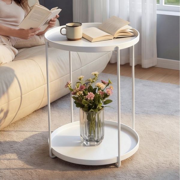 doporro Beistelltisch Couchtisch kleiner Tisch mit 1/2 geflochtenen Ablagen rund Reglo-08, Zwei Materialien zur Auswahl