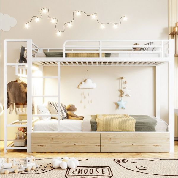 Flieks Etagenbett, Kinderbett Metall 90x200cm mit Lichtleiste Schubladen Kleiderstange