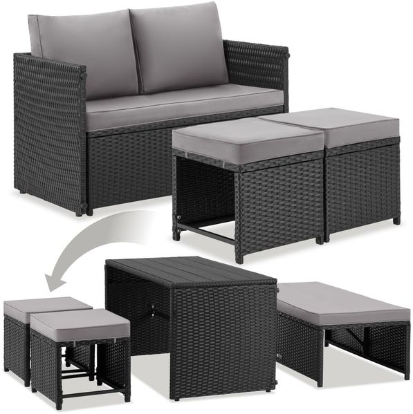 TecTake® 2in1 Rattanlounge für 4 Personen, Set mit Tisch mit Schraubfüßen, Tischoberfläche in Holzoptik, Polyrattan Gartenmöbel, als Gartensofa oder Sitzgruppe, Terrassenmöbel, Lounge - schwarz