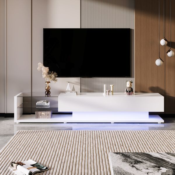 TV-Schränke, niedrige Paneele, hochglänzende weiße Glastrennwände und variable LED-Beleuchtung,170×36×38 cm, Weiß,modernes Design, viel Stauraum