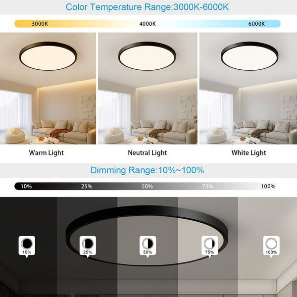 JDONG LED Deckenleuchte Flach Dimmbar mit Fernbedienung 40/50/60cm Schwarz/Weiß Deckenlampe, Ultra Dünn 2.5cm Wohnzimmerlampe decke,3000K-6500K, für Schlafzimme Wohnzimmer Kinderzimmer