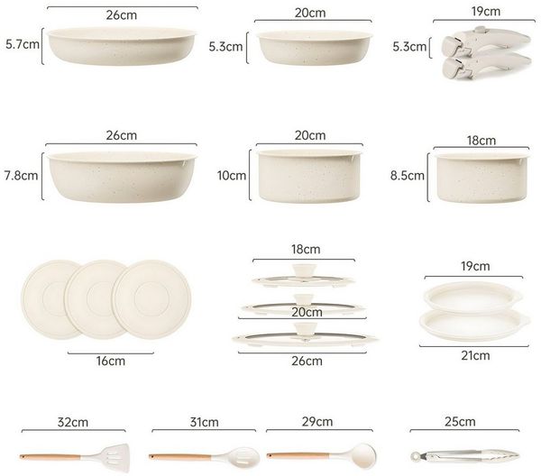 SEHAUSEU Pfannen-Set Topf-Set Kasserolle Bratpfanne mit abnehmbarer Griff, Antihaft,weiß, (19-tlg), 19-tlg.