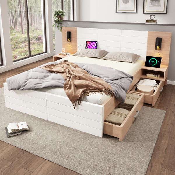 Holzbett 160x200 cm mit Lattenrost, 2 Schubladen, Leselicht & USB-Anschluss, Weiß/Eiche, ohne Matratze