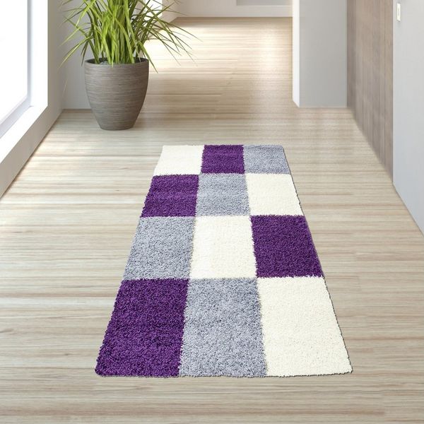 TeppichHome24 Teppich Shaggy Teppich in Karo Design Lila Grau Creme, rechteckig
