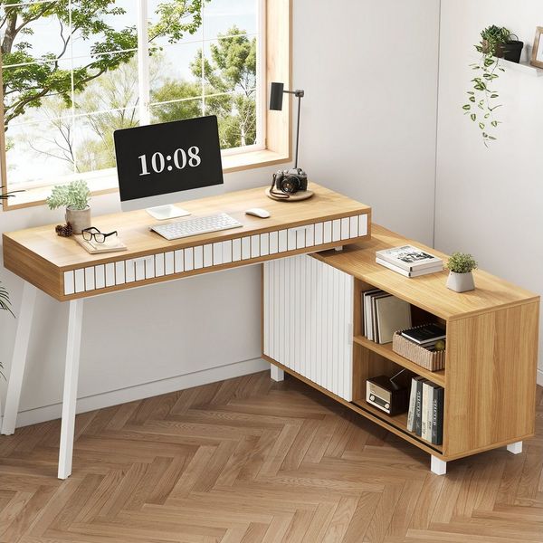 Odikalo Schreibtisch Eckschreibtisch mit Stauraum, L-förmiger (140 x 120 x 76.5 cm, vertikales Streifenmuster, Stahlbeine, zwei Schubladen, geräumiger Schrank)