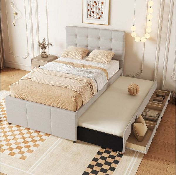 Celya Polsterbett Polsterbett, 90x200cm(90x190cm), Bett mit drei Schubladen (Familienbett, Ausziehbares Rollbett, Verstellbares Kopfteil), Ohne Matratze, Beige