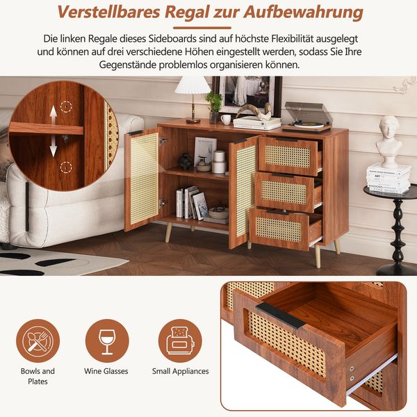 Merax Vintage Rattan Sideboard mit 2 Türen und 3 Schubladen, ausgestattet mit schwarzen Griffen für Esszimmer, Küche und Wohnzimmer (Nussbaum) Bild 7
