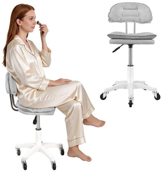 Schminkstuhl – 360° drehbar – Ergonomische Rückenlehne – Höhenverstellbar – Leichtlaufrollen – 36 x 33 x 51 cm - grau