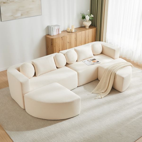 4-Sitzer modulares Schlafsofa B 292 x T 165 x H 68 cm aus Chenille in Beige