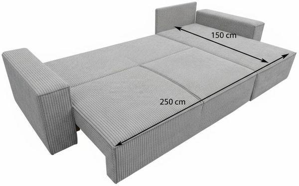 Wohnero24 modernes Ecksofa MARVIN Cord Hellgrau 298 x 180 cm – Eckcouch L-Form mit Schlaffunktion 250 x 150 cm, universelle Ottomane Bild 5