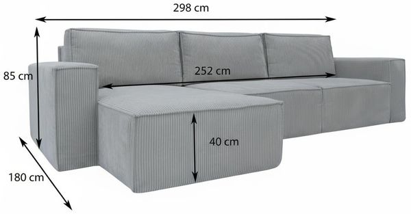 Wohnero24 modernes Ecksofa MARVIN Cord Hellgrau 298 x 180 cm – Eckcouch L-Form mit Schlaffunktion 250 x 150 cm, universelle Ottomane Bild 4
