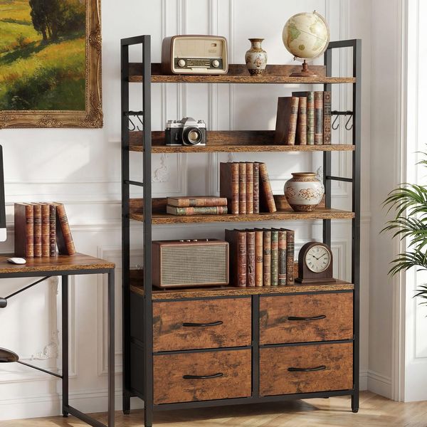 YITAHOME Industrie-Bücherregal, 4-stöckiges Bücherregal mit verstellbaren Einlegeböden und 4 Stoffschubladen, freistehendes Präsentationsregal mit Metallrahmen für Wohnzimmer, Rustikales Braun
