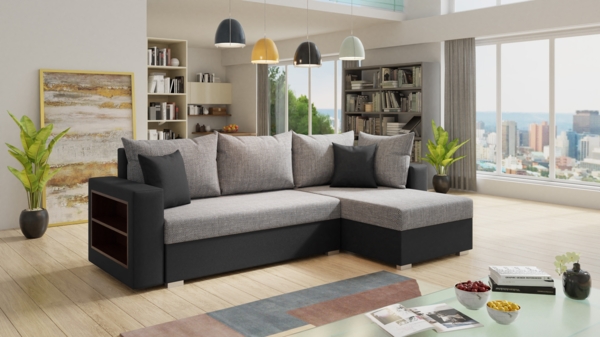 Ecksofa Lord mit Regal und Schlaffunktion - Sofa mit Bettkasten, Schlafsofa, Polsterecke, Couch L-Form, Couchgarnitur, Sofagarnitur (Schwarz + Grau (Dolaro 08 + Berlin 01), Ecksofa Rechts)