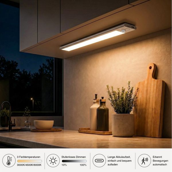ANYSUN LED Unterbauleuchte Küche Akku Schrankbeleuchtung mit Bewegungsmelder 23cm 40cm 60cm, Küche Licht USB-C Aufladbar Nachtlampe Magnetisch Unterschrank Beleuchtung, Touch Steuerung, LED fest integriert, Neutralweiß, Kaltweiß, Warmweiß, 3 Farbe Dimm...