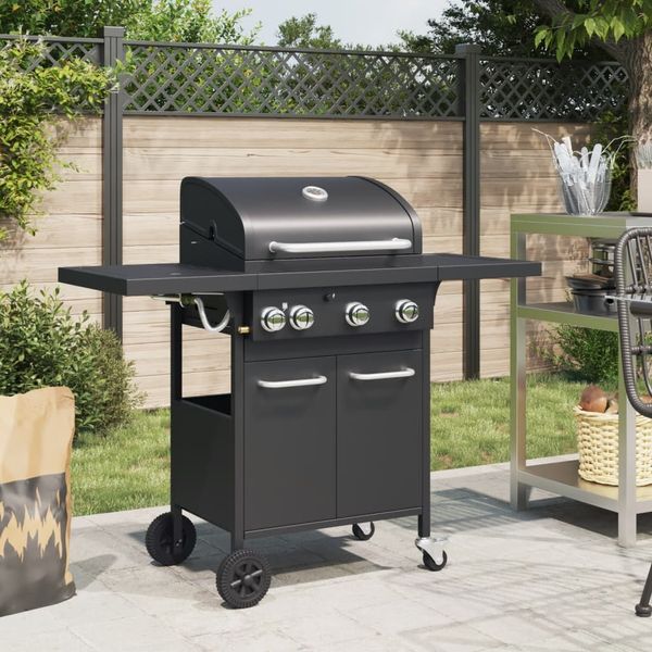 vidaXL Gasgrill, mit 4 Flammen, Pulverbeschichteter Stahl Schwarz, 126,5 x 55,5 x 109 cm