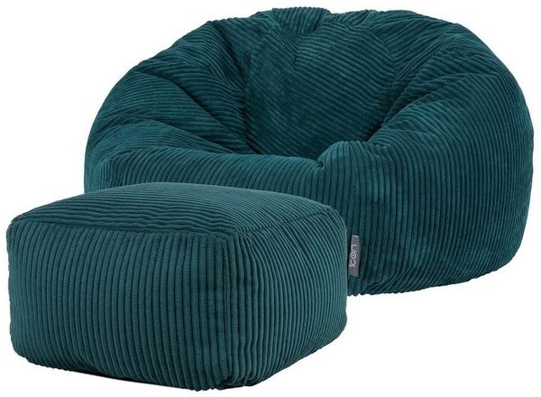 Icon Klassischer Sitzsack Flauschig aus Cord „Kingston“ mit Hocker, Blaugrün, Cord Sitzsack Erwachsene mit Füllung, Indoor Sitzsack Kuschelig Groß