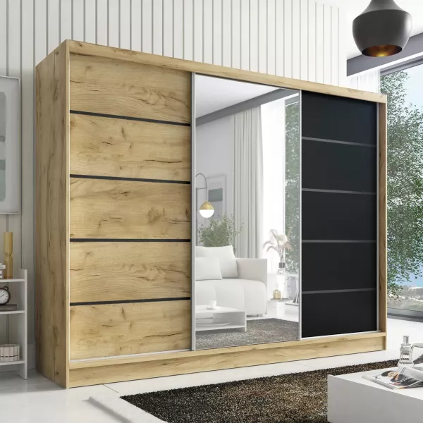 Schwebetürenschrank, 3-türig Schrank 200 cm mit Spiegel AURELIA 2. Farbe: Eiche Kraft gold, schwarz