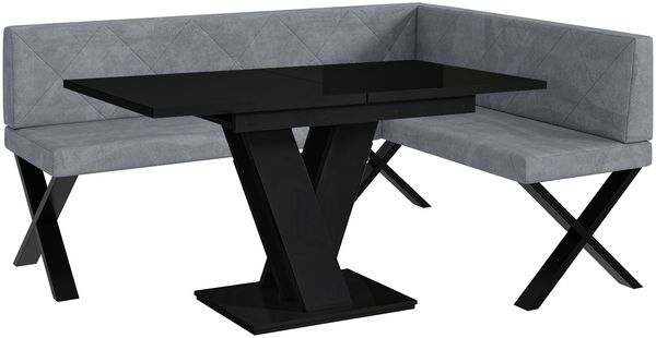 MEBLINI Eckbank für Esszimmer mit ausziehbarem Tisch - Küchenbank - Essecke - Sitzecke Küche - ERIC - X-Beine 128x168x87cm Rechts - Grau Samt/M Schwarz Hochgl.