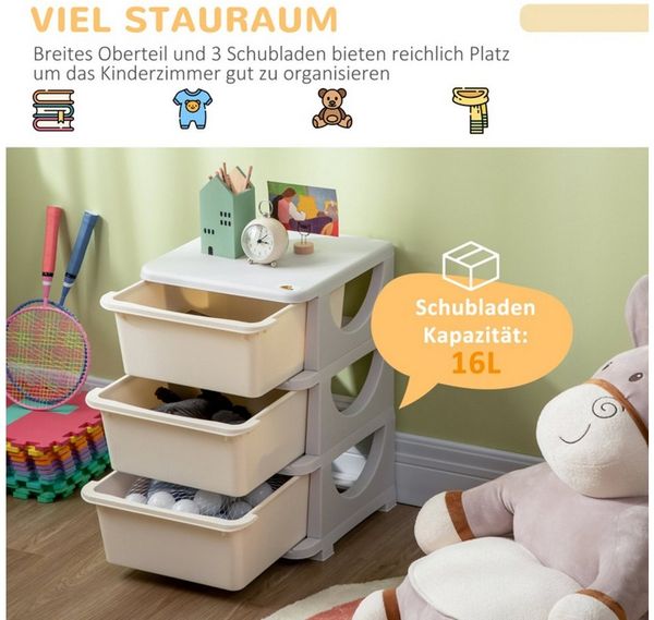 MC Star Aufbewahrungsbox für Kinder, 3 große Schubladen, runde Kanten, Kunststoff (37x37x56,5 cm, Cremeweiß)